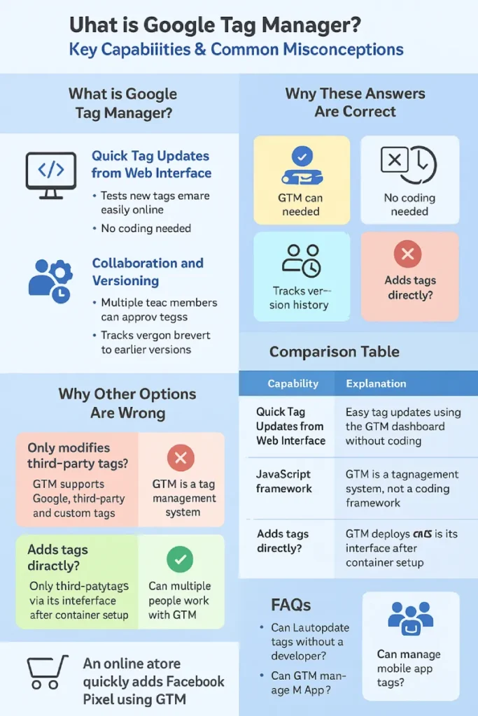 What are two capabilities of Google Tag Manager? Choose two 2 Infographic explaining key capabilities of Google Tag Manager including easy tag updates, collaboration, versioning, common misconceptions, a comparison table, FAQs, and a real-life example of using GTM for Facebook Pixel.