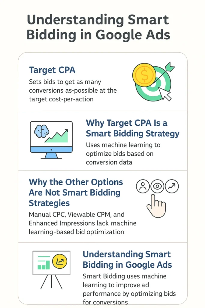 A business owner wants to use Google Ads to advertise their website. They’re considering using one of the available Smart Bidding strategies that Google offers. Which of the following is a Smart Bidding strategy? 2 Infographic explaining Target CPA as a smart bidding strategy in Google Ads, highlighting its use of machine learning and why other bidding options are not smart bidding strategies