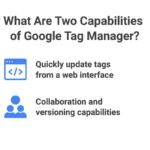 Graphic showing two main capabilities of Google Tag Manager: quickly updating tags from a web interface and collaboration with versioning capabilities.