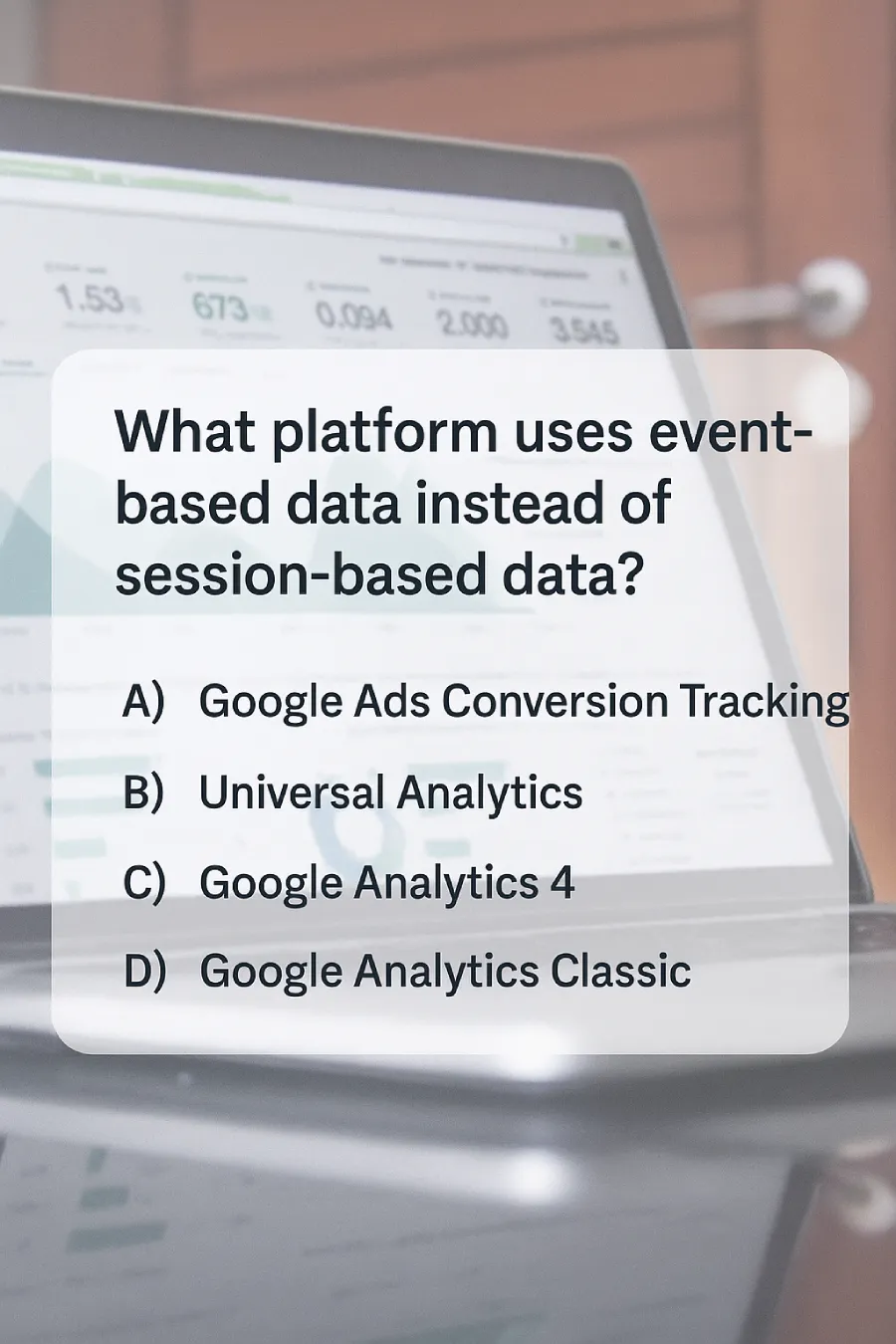 What Platform Uses Event-Based Data Instead Of Session-Based Data? Multiple Choice Options With Ga4 Highlighted.