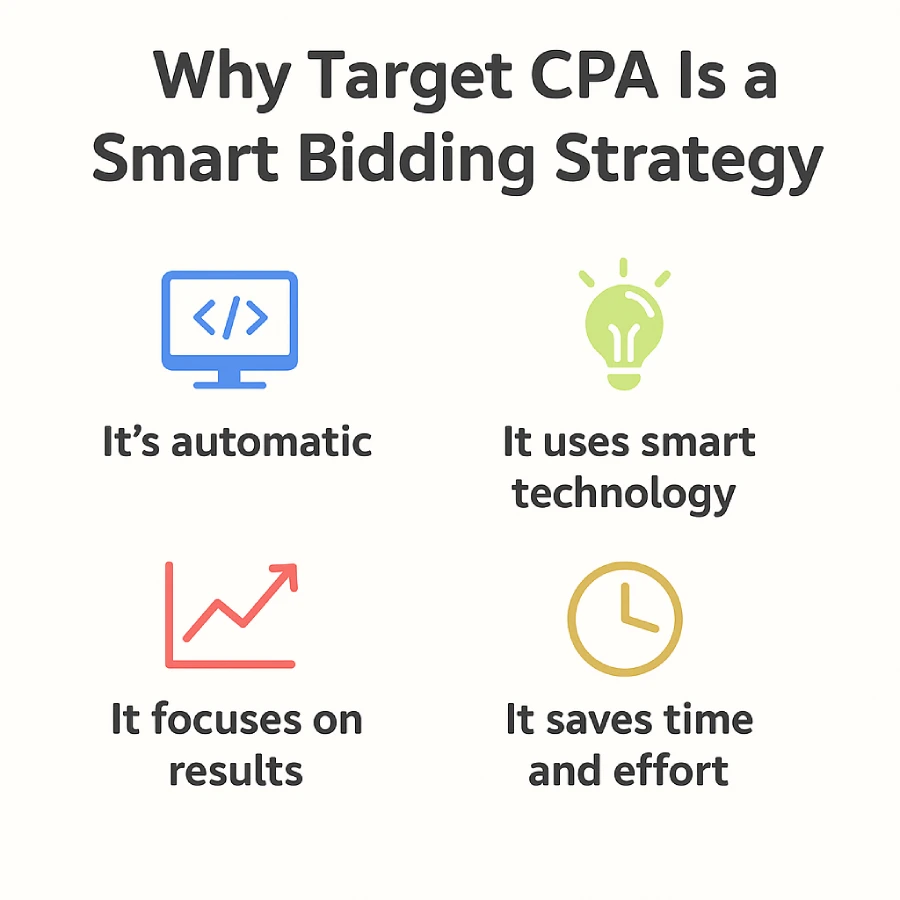 Infographic Showing Four Reasons Why Target Cpa Is A Smart Bidding Strategy Including Automation, Smart Technology, Focus On Results, And Time-Saving Benefits.