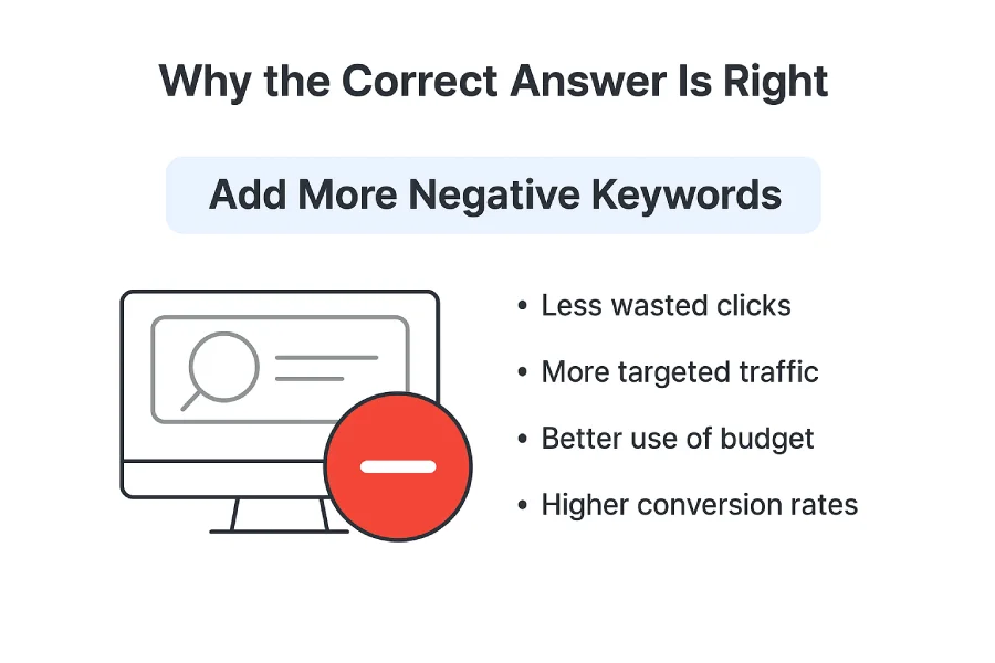 A business owner is getting a good amount of traffic from their ads but not enough conversions. What action can they take to improve their conversion rate? 3 Infographic explaining why adding more negative keywords improves ad campaigns by reducing wasted clicks, increasing targeted traffic, making better use of budget, and raising conversion rates.