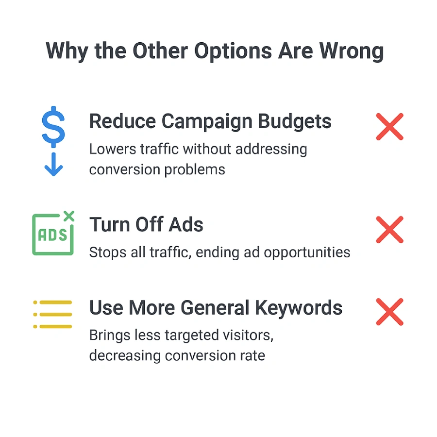 A business owner is getting a good amount of traffic from their ads but not enough conversions. What action can they take to improve their conversion rate? 5 Infographic explaining why reducing budgets, turning off ads, and using general keywords are ineffective strategies for improving conversion rates in Google Ads campaigns.
