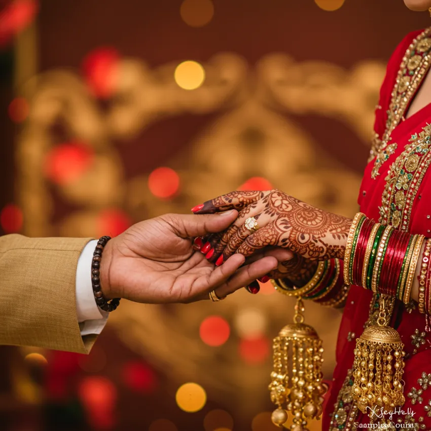 350+ Perfect Mehndi Captions for Instagram with Emojis 5 Close-up of a woman's hands with intricate traditional Indian mehndi designs gently touching her husband's hand, symbolizing love and devotion.