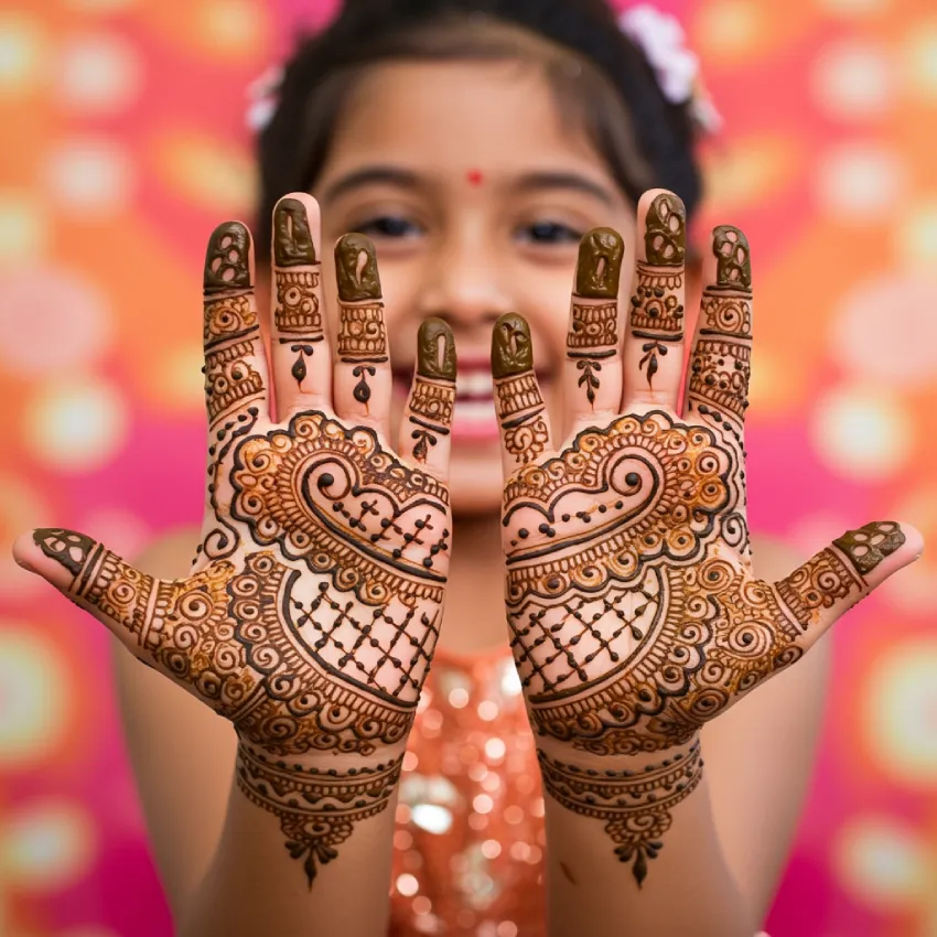 350+ Perfect Mehndi Captions for Instagram with Emojis 6 Close-up of a young girl's hands adorned with beautiful, unique traditional Indian mehndi (henna) designs, conveying happiness and a playful spirit.