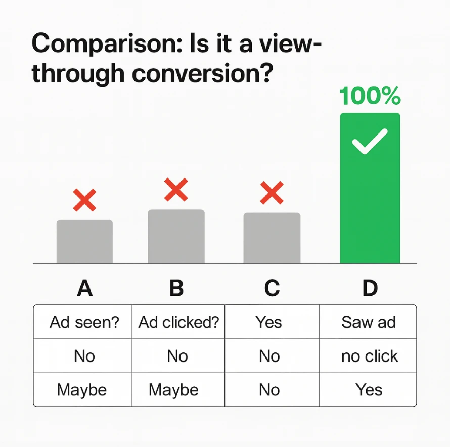 A marketing manager is viewing the campaign report in their Google Ads account after successfully implementing conversion tracking tags for their website. They see that at least two of their ads generated over 100 view-through conversions. Which of the following actions can be considered a view-through conversion? 2 Bar Chart Shows A B C At Zero And D At One Hundred Percent For View-Through Conversion.