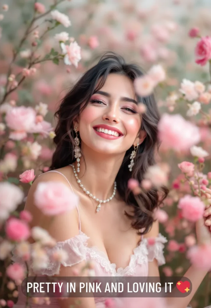 250+ Best Pink Captions for Instagram to Make Your Posts Pop 2 A Joyful Woman In A Pink Dress And Pearls, Surrounded By Pink Flowers, With The Text &Quot;Pretty In Pink And Loving It ✨&Quot;.