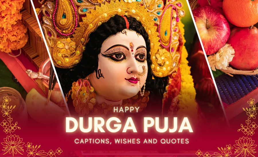 Best Durga Puja Captions, Wishes and Quotes for Social Media 1 A Festive Image With A Close-Up Of Goddess Durga'S Face, A Corner Of Fruit Offerings, And The Text &Amp;Quot;Happy Durga Puja&Amp;Quot; And &Amp;Quot;Captions, Wishes And Quotes.&Amp;Quot;