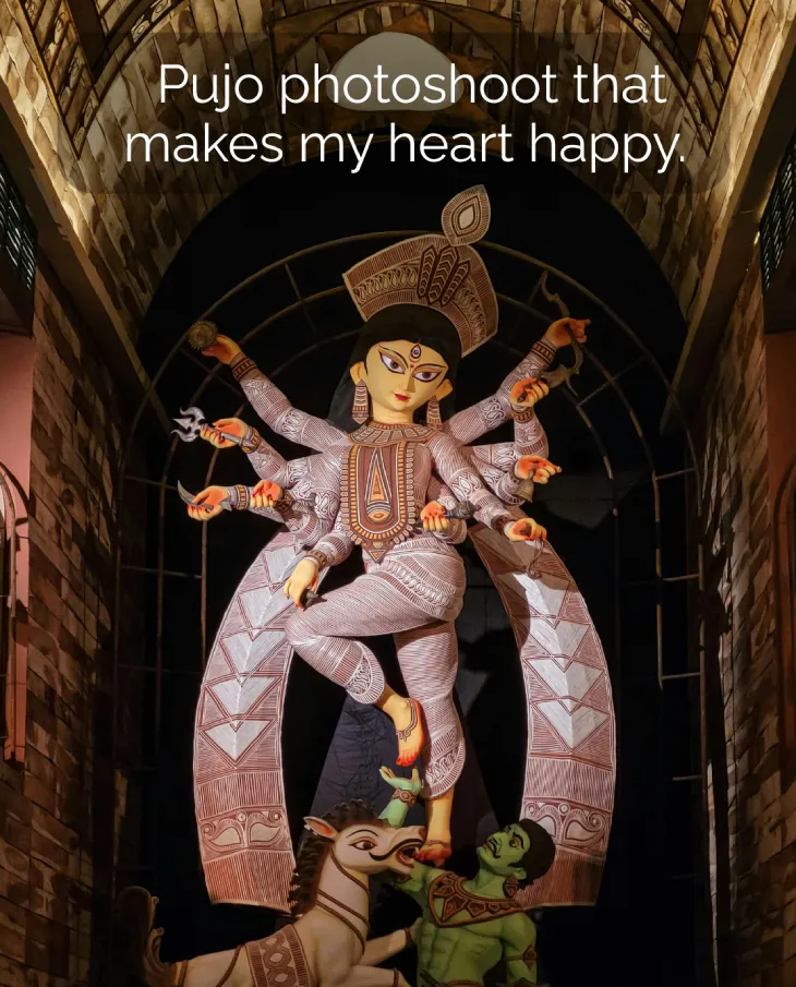 Best Durga Puja Captions, Wishes and Quotes for Social Media 9 A Striking Image Of A Durga Idol In A Unique, Patterned Style With Multiple Arms, Against A Textured Background, With The Text &Quot;Pujo Photoshoot That Makes My Heart Happy.&Quot;