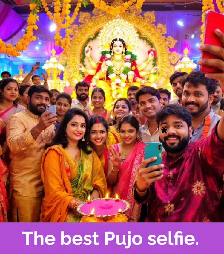 Best Durga Puja Captions, Wishes and Quotes for Social Media 11 A Large Group Of Smiling People In Colorful Traditional Clothing Taking Selfies In Front Of A Brightly Lit Durga Idol. Text Reads &Quot;The Best Pujo Selfie.&Quot;