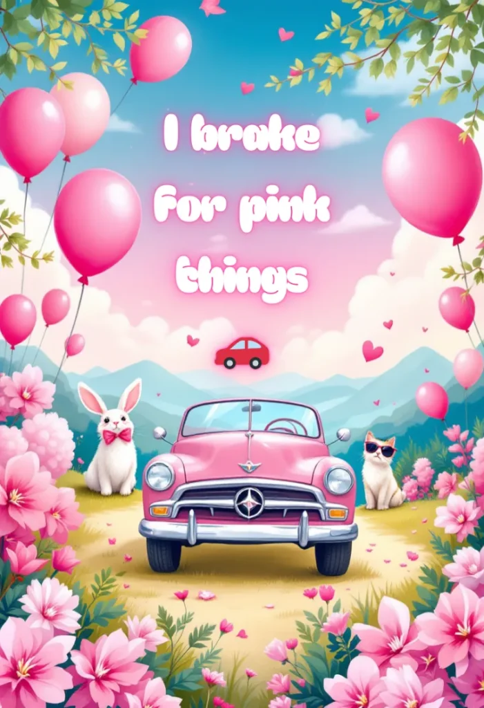 250+ Best Pink Captions for Instagram to Make Your Posts Pop 6 A Whimsical Illustration Of A Pink Car, A Bunny, And A Cat Surrounded By Pink Flowers And Balloons, With The Text &Quot;I Broke For Pink Things.&Quot;