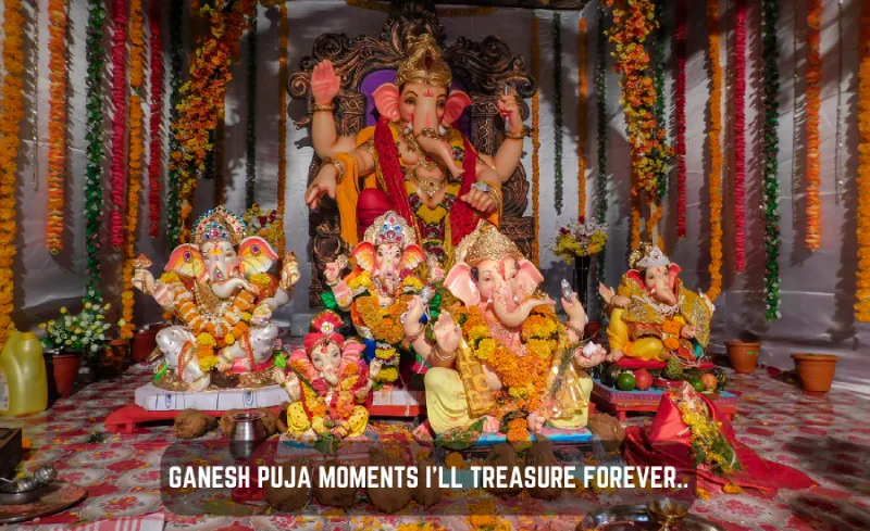 250+ Heartfelt Ganesh Captions for Instagram: Devotion, Joy & Blessings 2 A Bright Altar With Many Lord Ganesh Statues Of Different Sizes, Decorated With Colorful Flowers And Garlands. The Text At The Bottom Says, &Quot;Ganesh Puja Moments I'Ll Treasure Forever...&Quot;