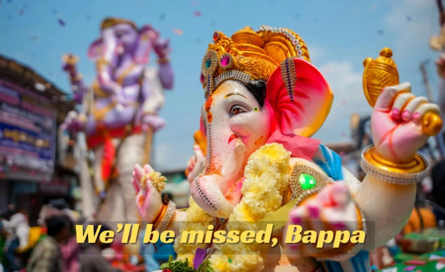 250+ Heartfelt Ganesh Captions for Instagram: Devotion, Joy & Blessings 11 Colorful Ganesh Idol During Ganesh Visarjan Procession With Text “We’ll Be Missed, Bappa”