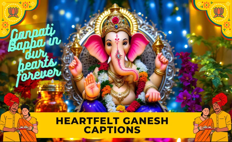 250+ Heartfelt Ganesh Captions for Instagram: Devotion, Joy & Blessings 1 An Ornate Statue Of Lord Ganesh With The Text 'Ganpati Bappa In Our Hearts Forever' And 'Heartfelt Ganesh Captions' Overlaid.