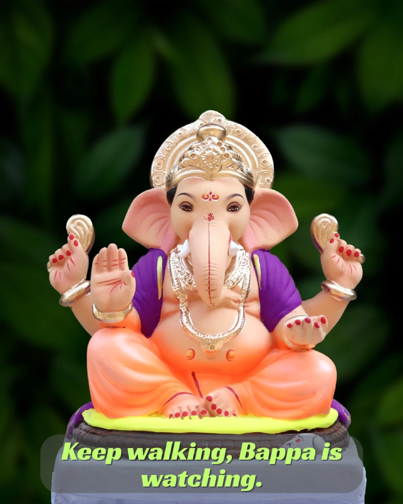 250+ Heartfelt Ganesh Captions for Instagram: Devotion, Joy & Blessings 14 A Bright Lord Ganesh Idol With A Careful Look Stands Before A Soft Green Background. The Words Say, &Quot;Keep Walking, Bappa Is Watching.&Quot;