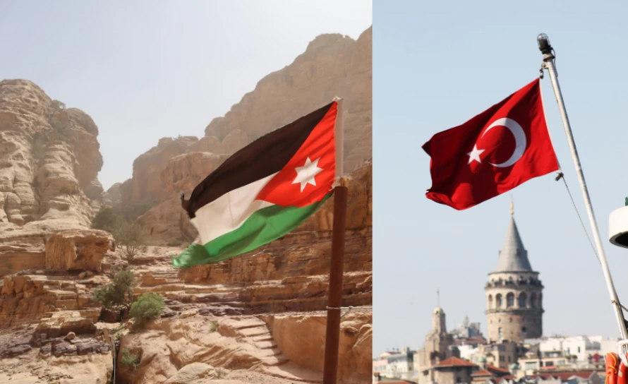 When Is the Best Time of Year to Travel Globally? 5 Split Image Of The Jordanian Flag In Petra And The Turkish Flag With Galata Tower.