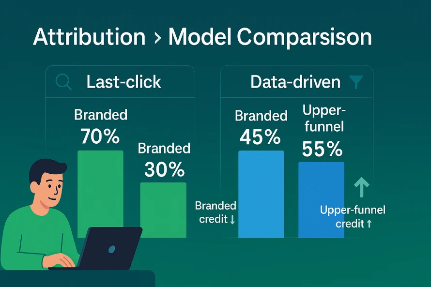 A marketing analyst is analyzing the conversion data of their Search Ads campaign in Google Ads. They want to see how changes to their attribution model might impact conversion reporting. What report will provide them with that information? 3 Model Comparison Shows Branded Credit Drops And Upper Funnel Credit Rises When Switching To Data Driven.