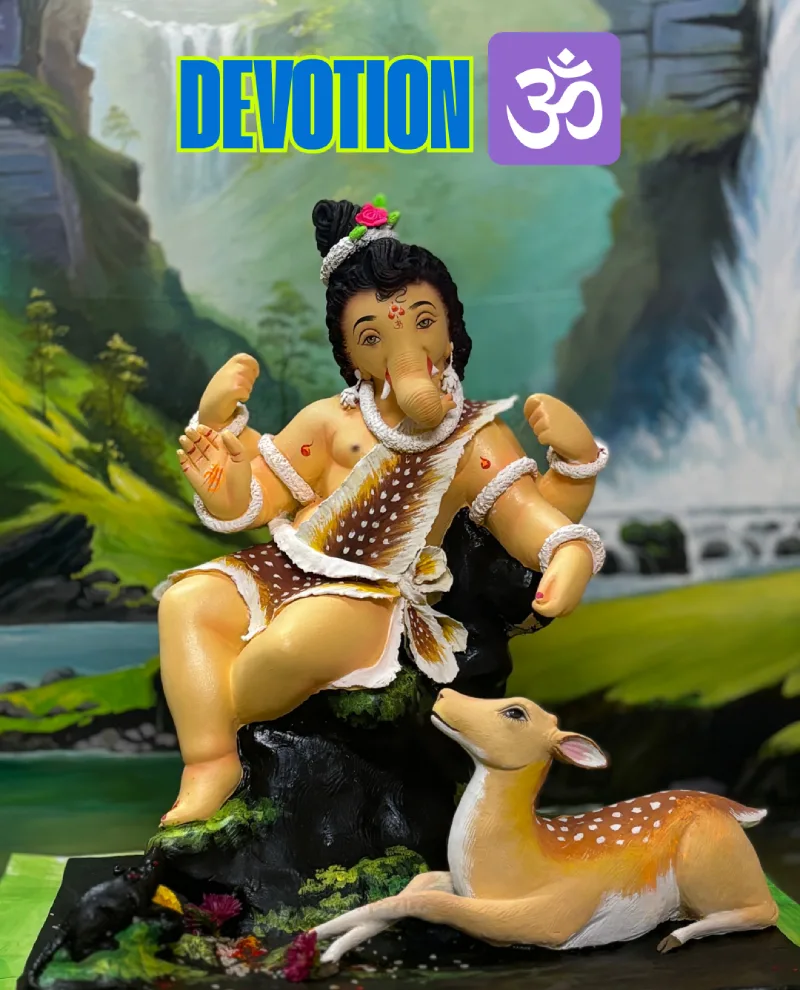250+ Heartfelt Ganesh Captions for Instagram: Devotion, Joy & Blessings 4 A Lovely Statue Of Lord Ganesh Sits Next To A Spotted Deer, With A Waterfall Behind Them. The Word &Quot;Devotion&Quot; And The Om Symbol Are Shown At The Top.