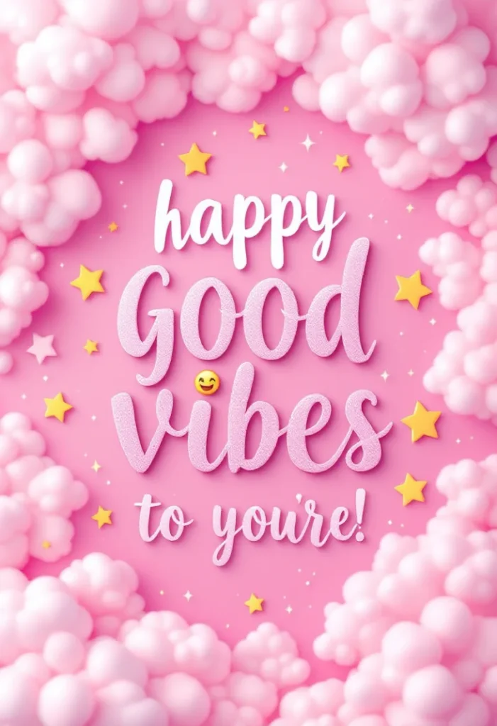 250+ Best Pink Captions for Instagram to Make Your Posts Pop 12 A Whimsical Pink Graphic With Fluffy Clouds And Stars, With The Text &Quot;Happy Good Vibes To You!&Quot;.