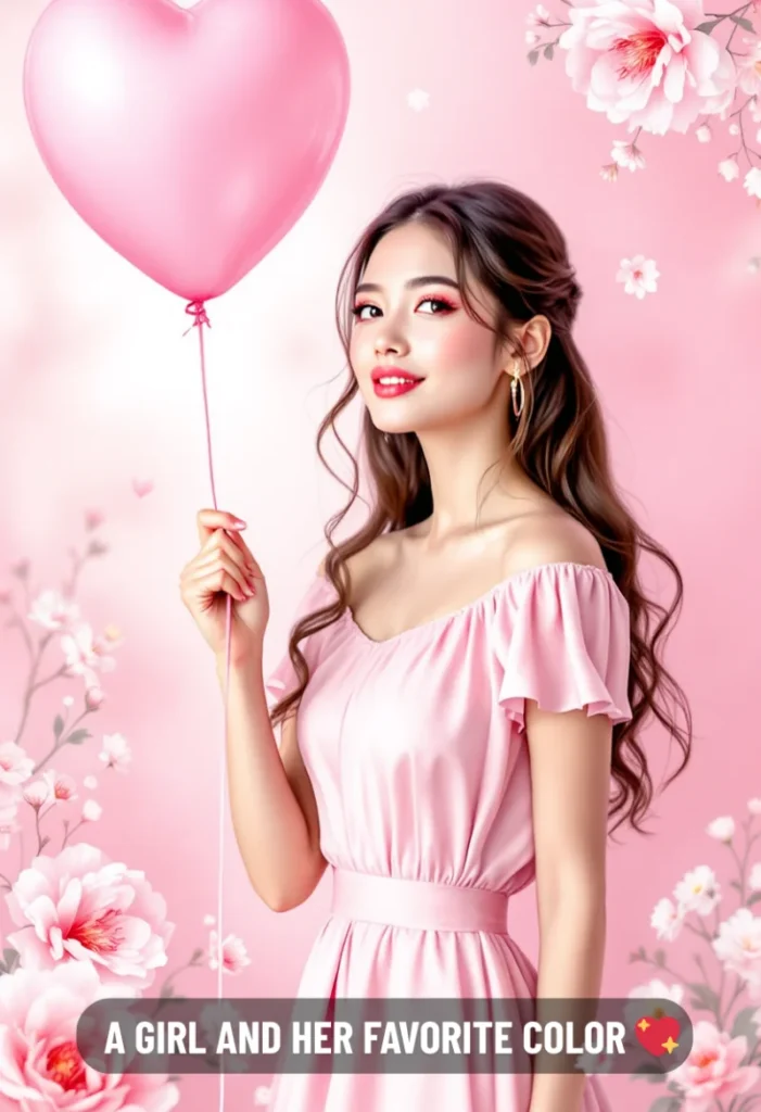 250+ Best Pink Captions for Instagram to Make Your Posts Pop 4 A Woman In A Pink Dress Holds A Heart-Shaped Pink Balloon In A Setting With Pink Flowers.