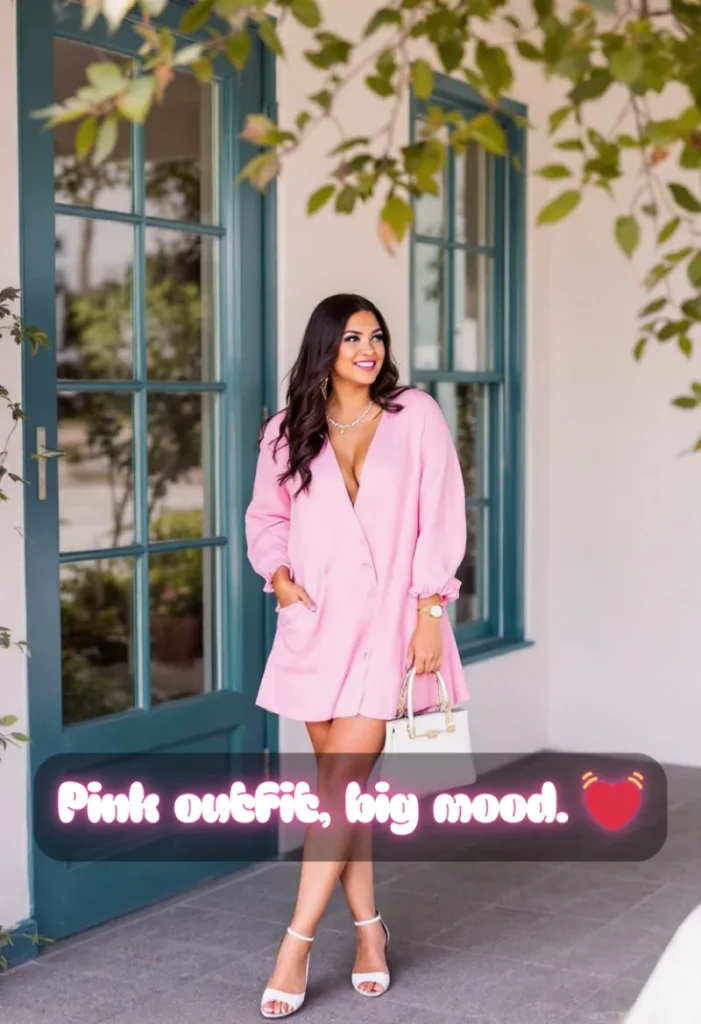 250+ Best Pink Captions for Instagram to Make Your Posts Pop 8 A Smiling Woman In A Short Pink Dress And Heels, With The Text &Quot;Pink Outfit, Big Mood.&Quot;