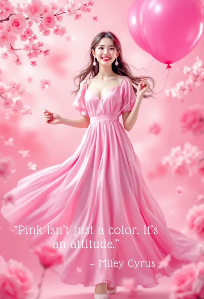 250+ Best Pink Captions for Instagram to Make Your Posts Pop 13 A Woman In A Long Pink Dress Holding A Pink Balloon, Surrounded By Flowers. A Quote From Miley Cyrus Is Visible: &Quot;Pink Isn’t Just A Color. It’s An Attitude.&Quot;