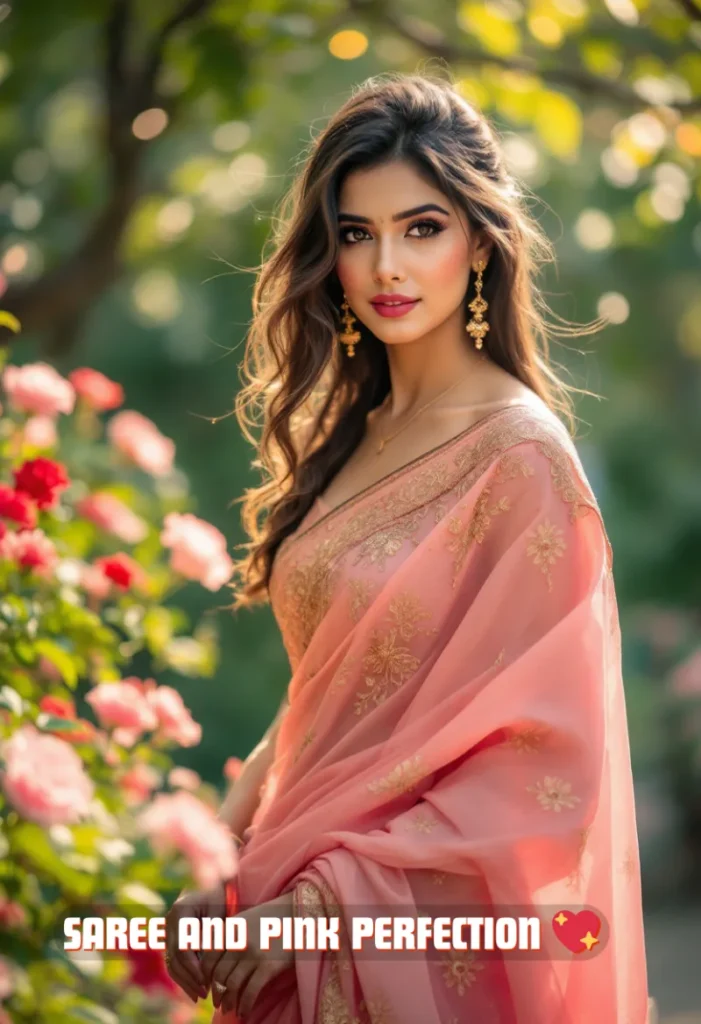 250+ Best Pink Captions for Instagram to Make Your Posts Pop 11 A Beautiful Girl In A Pink Saree With A Golden Border, Standing In A Rose Garden. The Text On The Image Is &Quot;Saree And Pink Perfection&Quot;.