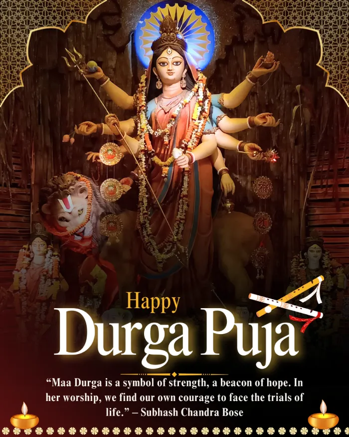 Best Durga Puja Captions, Wishes and Quotes for Social Media 16 A Beautiful Statue Of Goddess Durga With Her Lion And The Text &Quot;Happy Durga Puja&Quot; And An Inspirational Quote From Subhash Chandra Bose.