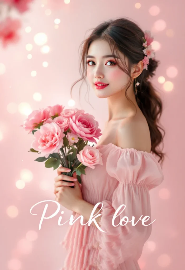 250+ Best Pink Captions for Instagram to Make Your Posts Pop 5 A Smiling Woman In A Pink Dress Holding A Bouquet Of Pink Roses, With The Text &Quot;Pink Love.&Quot;