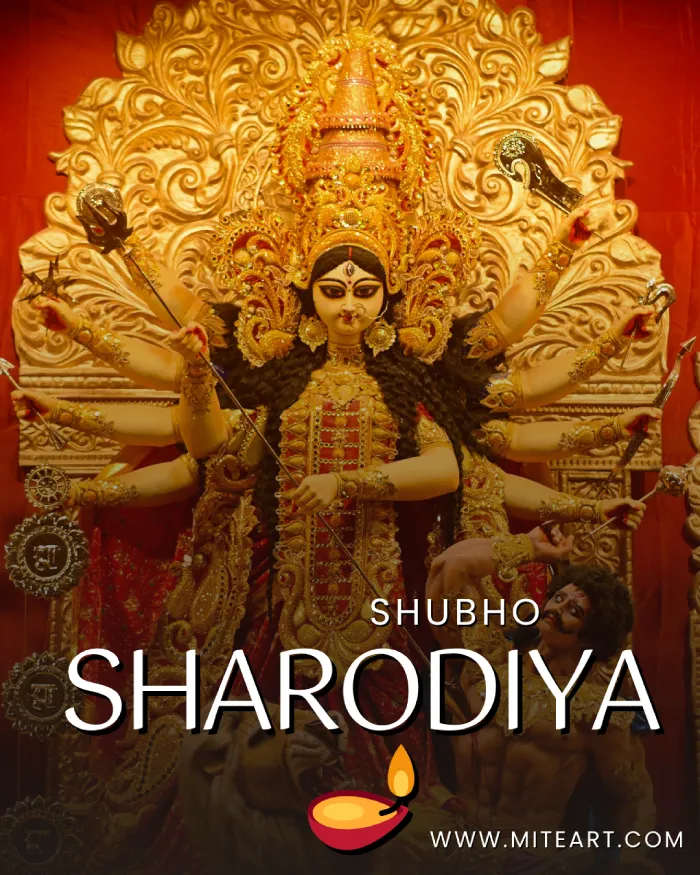 Best Durga Puja Captions, Wishes and Quotes for Social Media 12 A Majestic, Ornate Durga Idol On A Red Background With The Words &Quot;Shubho Sharodiya&Quot; And A Diya Graphic.