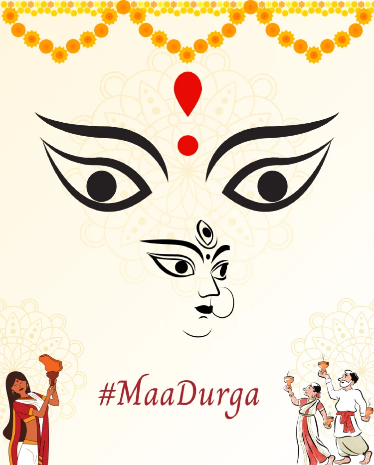 Best Durga Puja Captions, Wishes and Quotes for Social Media 15 A Graphic Illustration Of The Face Of Goddess Durga With The Hashtag &Quot;#Maadurga&Quot; And Two People In Traditional Attire Holding Diyas.