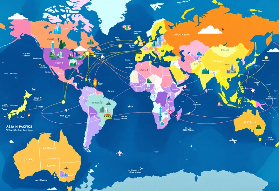 When Is the Best Time of Year to Travel Globally? 8 A Colorful, Illustrated World Map Showing Travel Routes Connecting Different Continents.