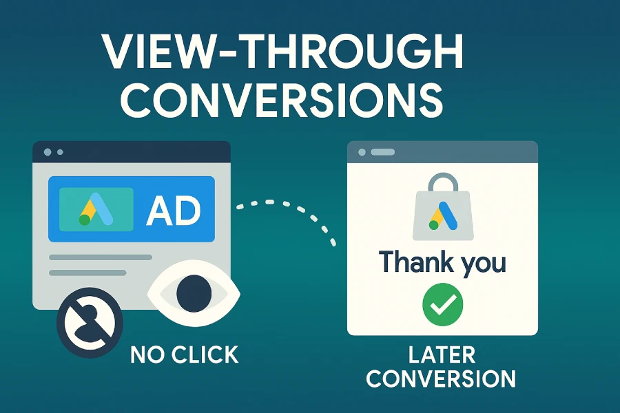 A marketing manager is viewing the campaign report in their Google Ads account after successfully implementing conversion tracking tags for their website. They see that at least two of their ads generated over 100 view-through conversions. Which of the following actions can be considered a view-through conversion? 1 Person Sees An Ad Without Clicking Then Later Completes A Conversion On The Thank You Page.