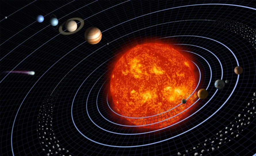 99% of People Don’t Know Which Country Is at the Center of the Earth 3 Illustration of the solar system showing planets orbiting the Sun with orbital paths and asteroid belt.