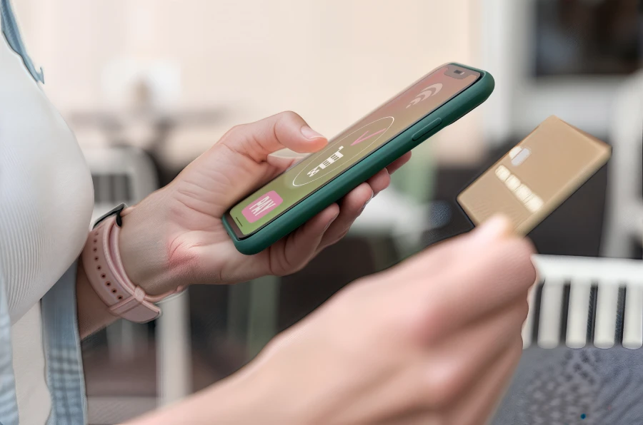 The Role of AI in Enhancing Payment System Security 1 A Woman Holding A Smartphone And A Credit Card, Representing Payment System Security.