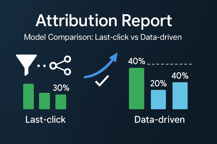 A marketing analyst is analyzing the conversion data of their Search Ads campaign in Google Ads. They want to see how changes to their attribution model might impact conversion reporting. What report will provide them with that information? 1 Attribution Report Model Comparison Showing Last Click Vs Data Driven With Bars And A Target Line.