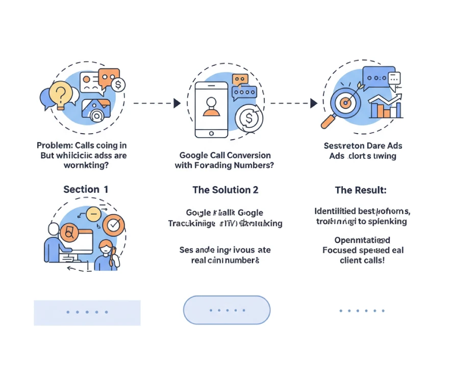 If an advertiser uses Google’s phone call conversion tracking feature, how are the calls tracked to their account? 3 Infographic showing Christopher's journey optimizing Google Ads with call tracking, leading to better ad spending and real client calls.