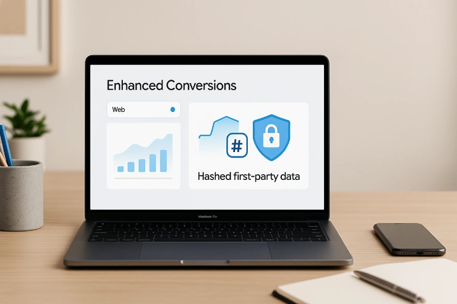 A marketing strategist is interested in enhanced conversions for web. What description could their agency provide to explain this feature? 1 Laptop On A Desk Showing Enhanced Conversions For Web With Charts And A Shield Icon Labeled Hashed First Party Data.