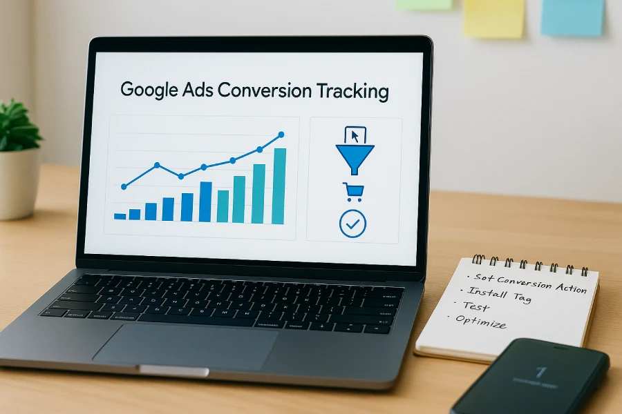 Which of the following is the first step in setting up conversion tracking? 1 Laptop Showing Google Ads Conversion Tracking With A Bar Chart, A Funnel Icon, And A Checklist On A Desk