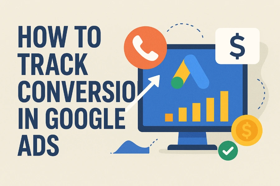 What metric tells you how often, on average, an ad click or other ad interaction leads to a conversion? 1 A Flat Design Illustration Showing How To Track Conversions In Google Ads With A Monitor, Google Ads Logo, Graph, Phone Icon, And Money Icons.