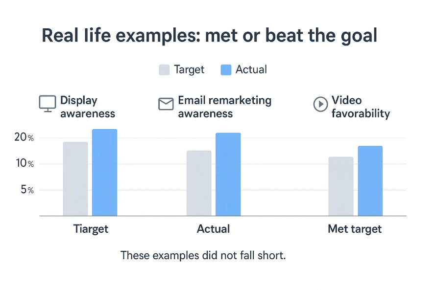 What’s an example of a campaign that fell short of its target goal? 3 Bar Chart Shows Display Awareness And Email Remarketing Beat The Target While Video Favorability Met The Target.