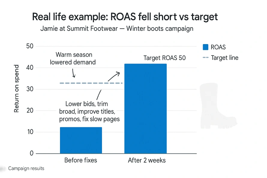 What’s an example of a campaign that fell short of its target goal? 2 Bar Chart Shows Roas For Jamie At Summit Footwear Before Fixes At 10 And After Two Weeks Rising Toward A 50 Target Line.
