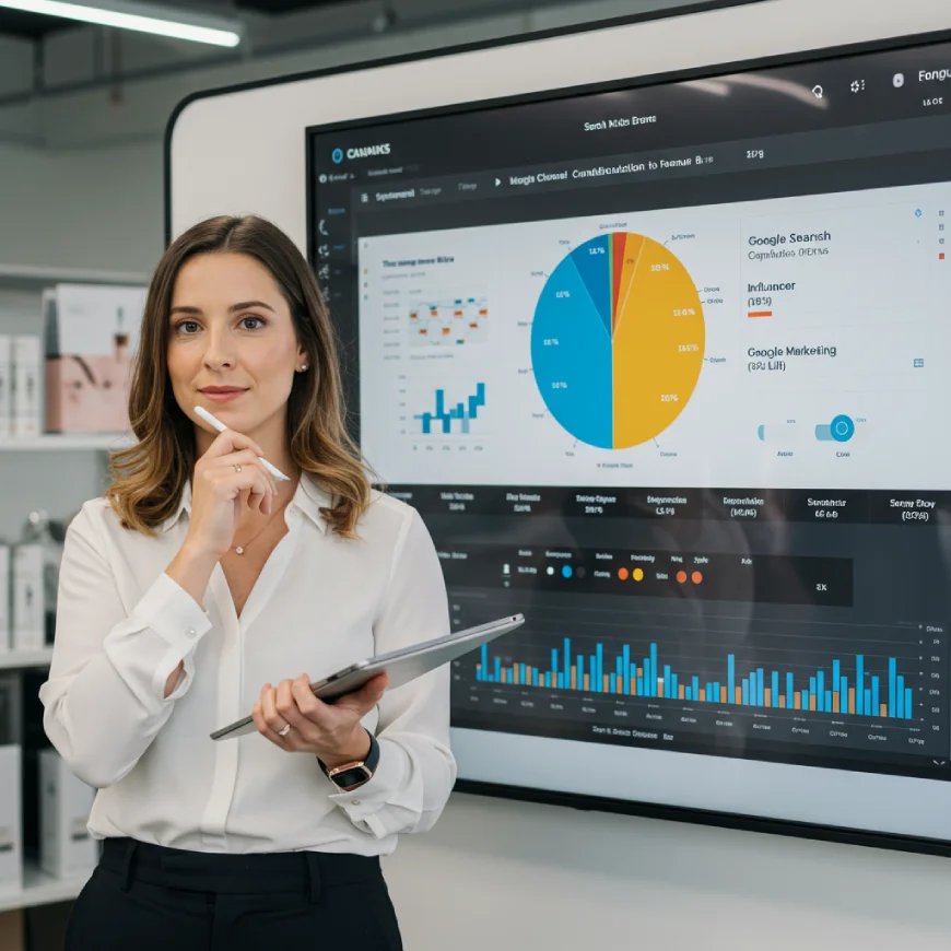 Besides attribution, what’s another method used to analyze the return on investment (ROI) for media? 4 A confident marketing director, Sarah, in front of a dashboard showing marketing channel contributions for a beauty brand, illustrating data-driven decisions.