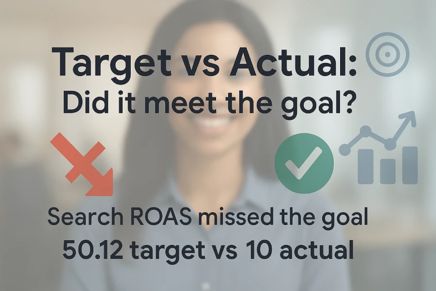 What’s an example of a campaign that fell short of its target goal? 1 Target Vs Actual Header Over A Blurred Office Portrait Showing That Search Roas Missed The Goal 50.12 Target Vs 10 Actual.