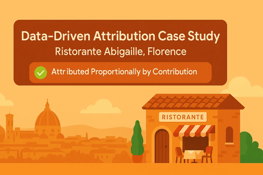 You own a restaurant called Ristorante Abigaille in Florence, Italy. A customer finds your site by clicking on your ads after performing each of these searches: “restaurant tuscany,” “restaurant florence,” “3 star restaurant florence,” and “3 star restaurant abigaille florence.” The customer makes a reservation after clicking on your ad that appeared with “3 star restaurant abigaille florence.” Using the data-driven attribution model, what keyword would receive credit for the conversion? 1 Feature Banner: Data-Driven Attribution Case Study For Ristorante Abigaille, Florence, With A Check Mark And Florence Skyline.