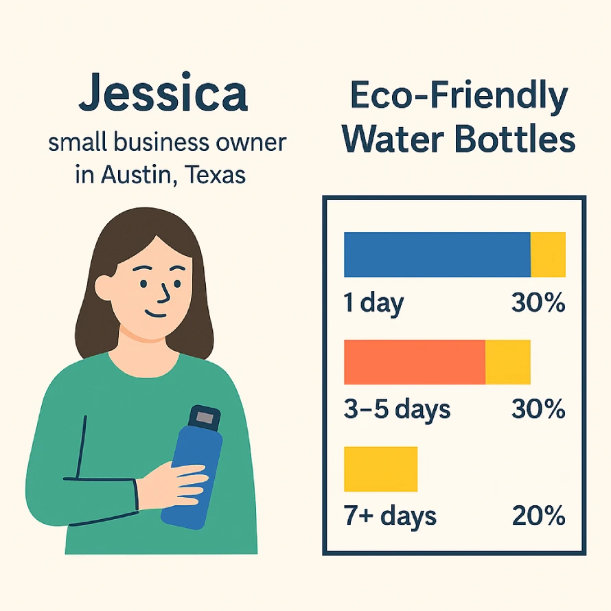 What report can help show the duration between a user’s first exposure and their subsequent conversion? 2 Illustration Of Jessica, A Small Business Owner In Austin, Texas, Holding An Eco-Friendly Water Bottle With A Bar Chart Showing Conversion Delays.