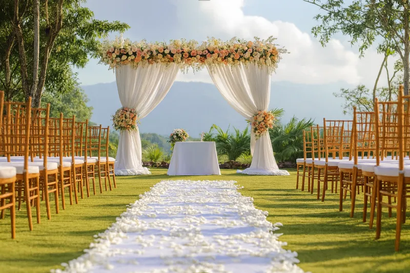 Outdoor Wedding Ideas for Summer: 35+ Beautiful Inspirations 2 Outdoor Wedding Ideas For Summer Featuring A Floral Arch, Elegant Aisle Décor, And Scenic Greenery.