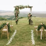Outdoor Wedding Ideas For Summer Featuring A Beautiful Floral Arch And Scenic Landscape Ceremony Setup.