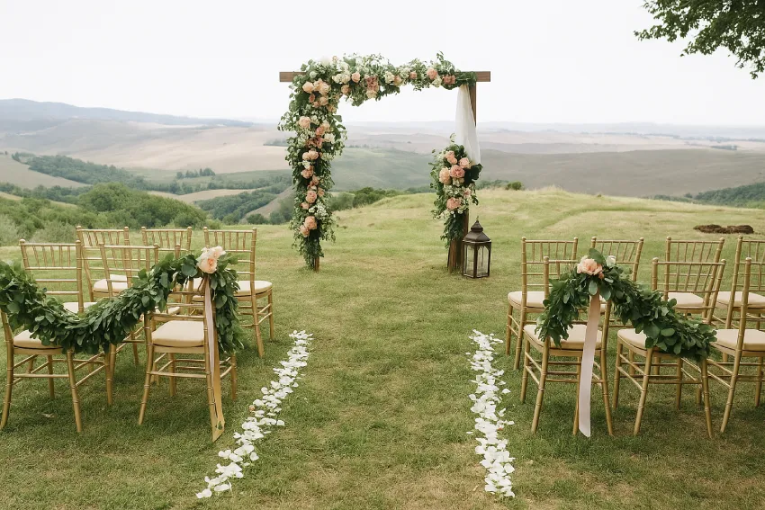 Outdoor Wedding Ideas for Summer: 35+ Beautiful Inspirations 1 Outdoor Wedding Ideas For Summer Featuring A Beautiful Floral Arch And Scenic Landscape Ceremony Setup.