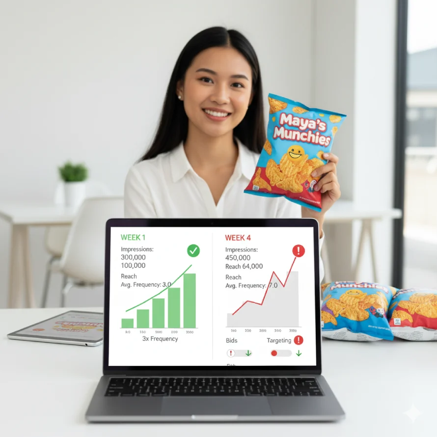 Which of the following describes the number of times a unique user will see an ad over a given time period? 1 Marketer Holding A Snack Bag With A Laptop Dashboard Showing Week 1 Vs Week 4; Impressions, Reach, And Average Frequency Rising From 3.0 To 7.0